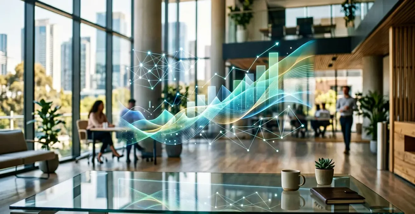 Panel de control analítico mostrando métricas de ROI y gráficos de rendimiento de marca en pantalla translúcida