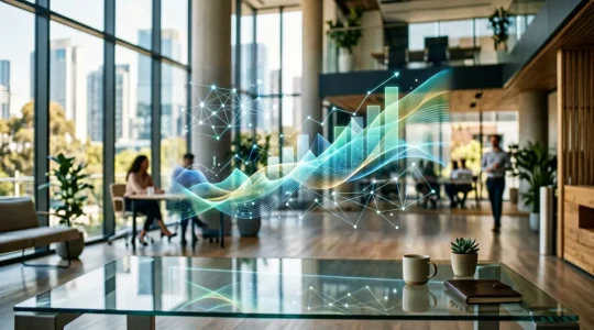 Panel de control analítico mostrando métricas de ROI y gráficos de rendimiento de marca en pantalla translúcida