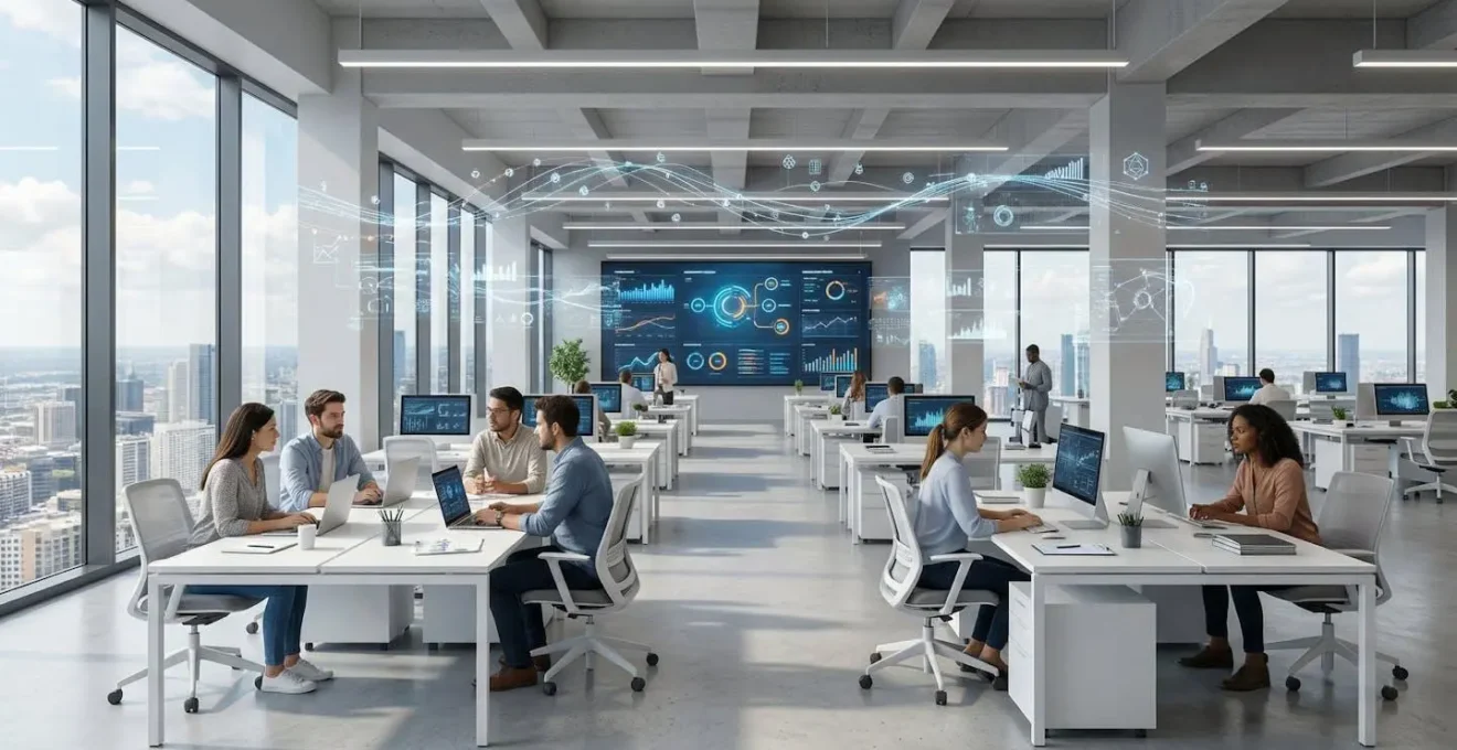 Sala de redacción moderna con periodistas trabajando mientras los paneles de datos muestran automatización en tiempo real