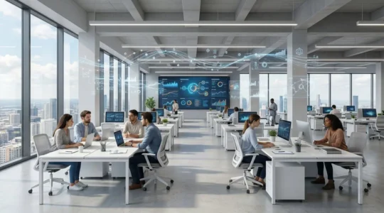 Sala de redacción moderna con periodistas trabajando mientras los paneles de datos muestran automatización en tiempo real