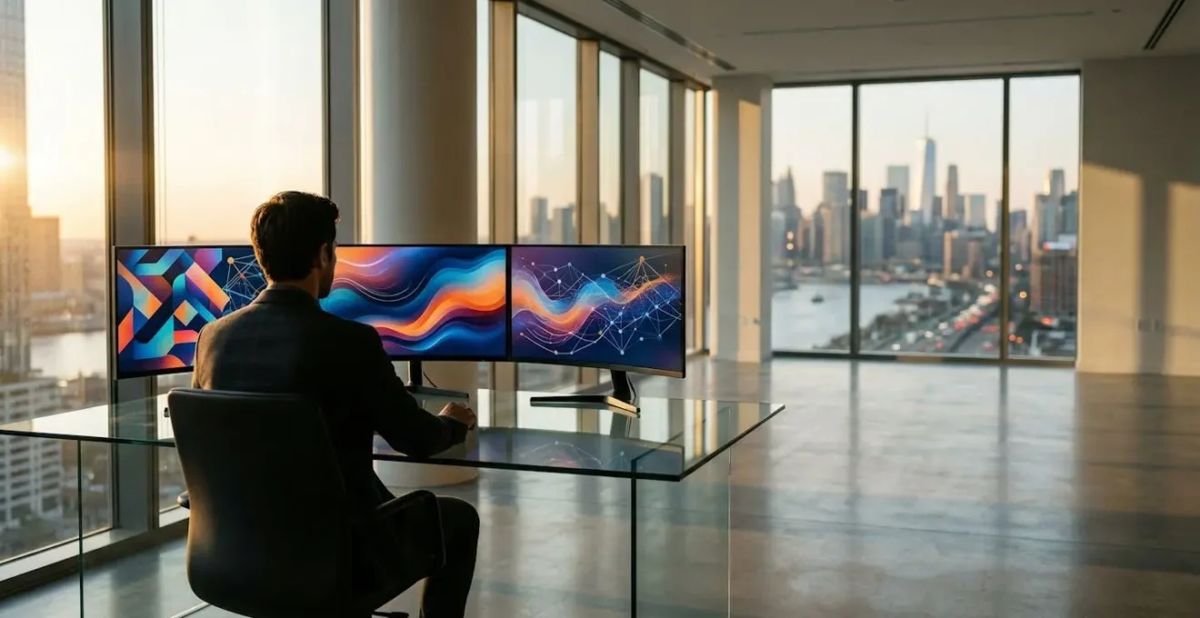 Profesional analizando datos de publicidad programática en tiempo real con múltiples pantallas mostrando métricas y algoritmos de puja