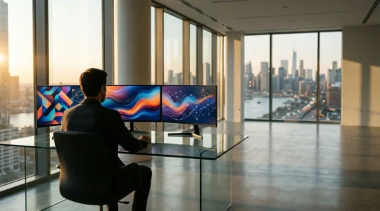 Profesional analizando datos de publicidad programática en tiempo real con múltiples pantallas mostrando métricas y algoritmos de puja