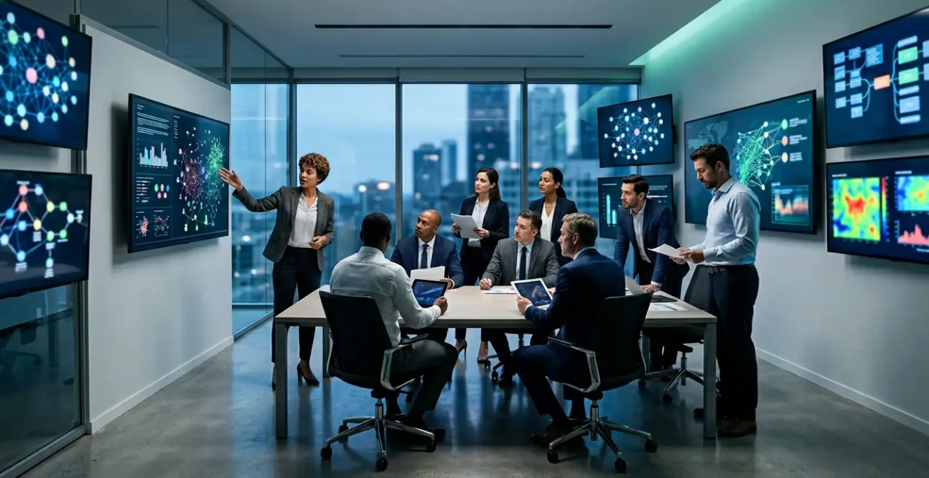 Centro de mando de comunicación de crisis con monitores mostrando análisis de redes sociales en tiempo real