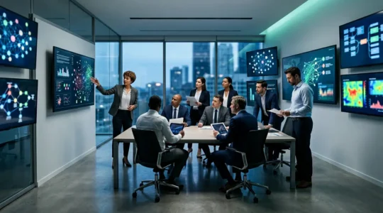 Centro de mando de comunicación de crisis con monitores mostrando análisis de redes sociales en tiempo real