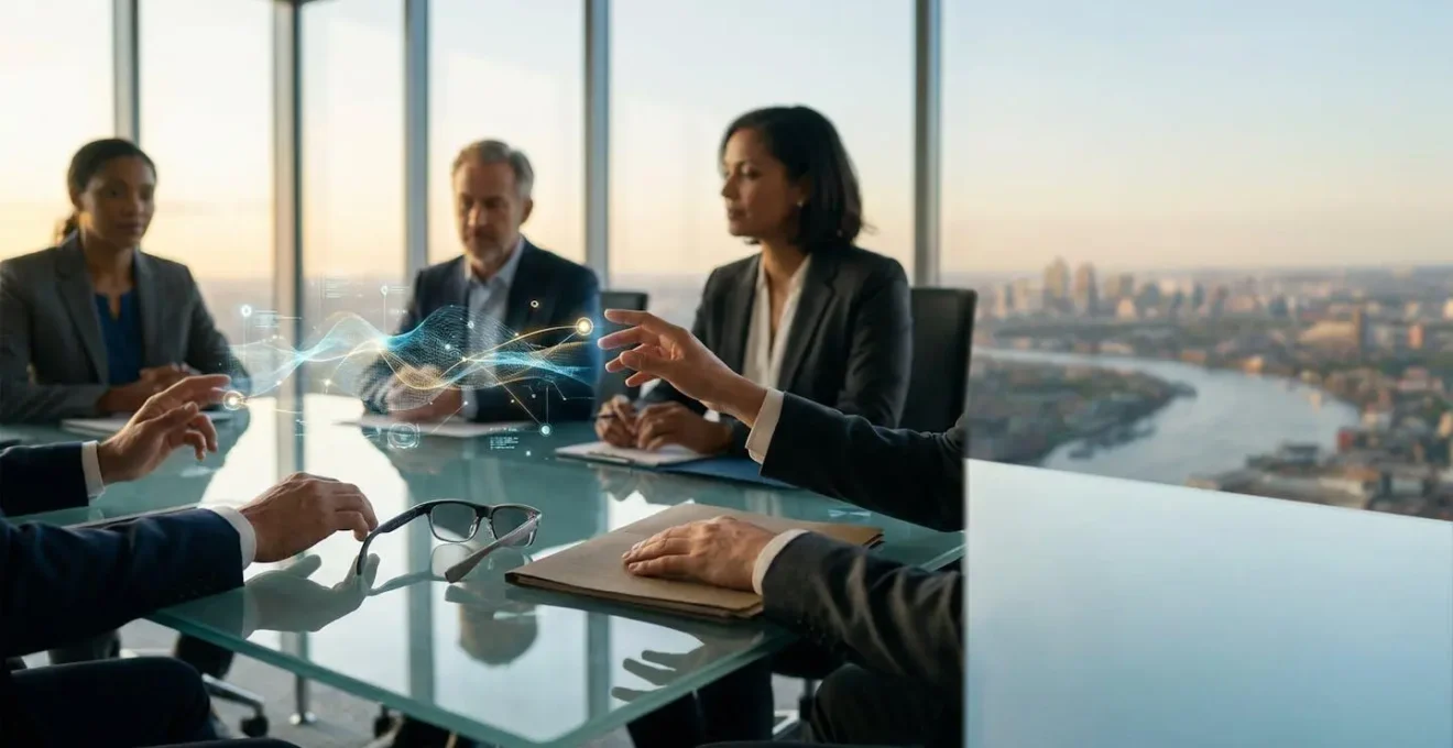 Ejecutivos analizando datos de cumplimiento normativo en entorno digital innovador