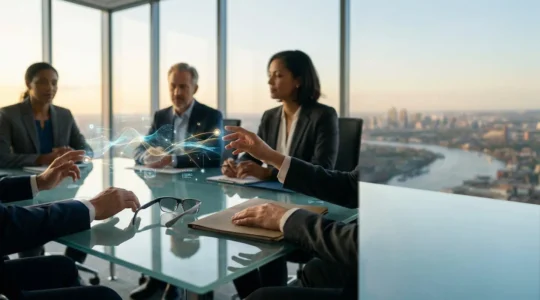 Ejecutivos analizando datos de cumplimiento normativo en entorno digital innovador