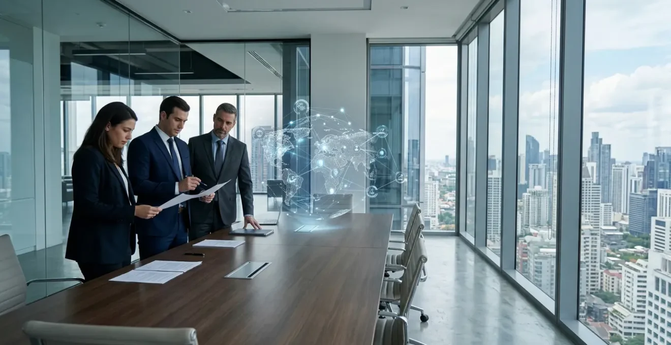 Profesionales jurídicos revisando normativas digitales internacionales en un entorno empresarial moderno