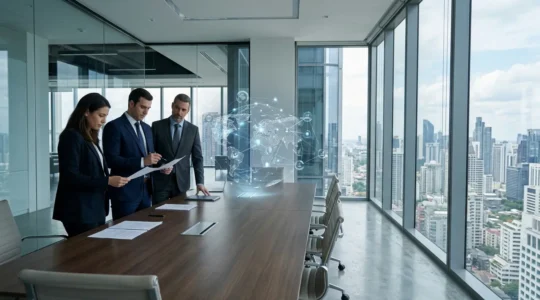 Profesionales jurídicos revisando normativas digitales internacionales en un entorno empresarial moderno