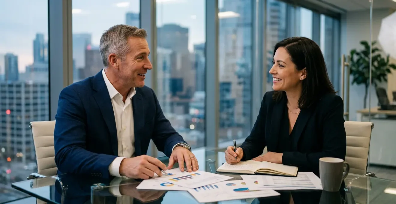 Ejecutivo presentando análisis financiero detallado ante director bancario en oficina moderna
