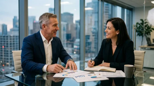 Ejecutivo presentando análisis financiero detallado ante director bancario en oficina moderna