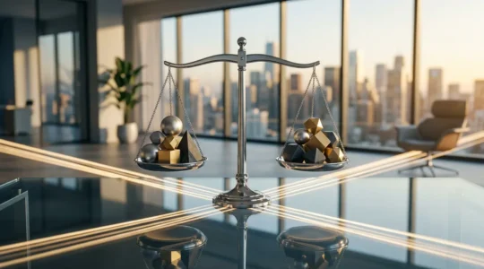 Equilibrio estratégico entre múltiples fuentes de ingresos digitales representado mediante elementos visuales simbólicos