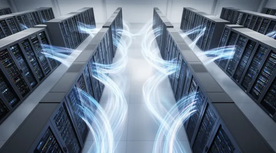 Vista aérea de un centro de datos moderno con múltiples servidores interconectados y flujos de luz representando la transmisión de datos en tiempo real