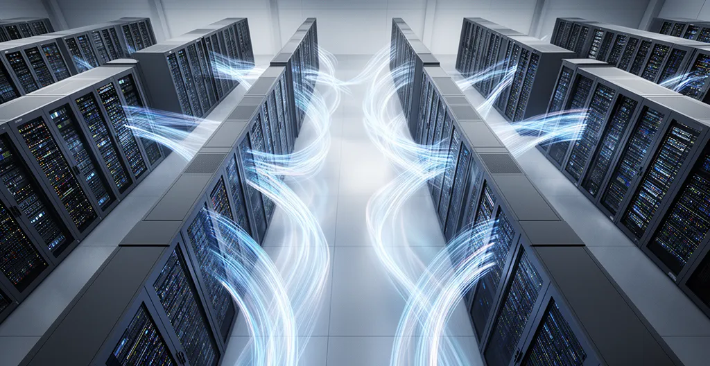 Vista aérea de un centro de datos moderno con múltiples servidores interconectados y flujos de luz representando la transmisión de datos en tiempo real
