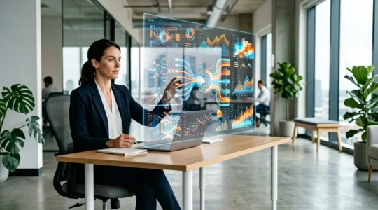 Profesional de marketing analizando métricas de conversión en landing pages con gráficos ascendentes