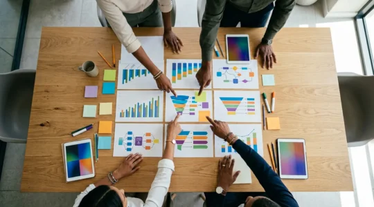 Vista aérea de profesionales analizando gráficos y datos de diferentes canales de marketing en mesa de trabajo colaborativa