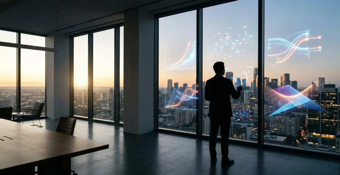 Profesional analizando métricas SEO en múltiples pantallas con gráficos de tendencias ascendentes