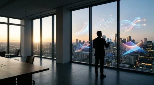 Profesional analizando métricas SEO en múltiples pantallas con gráficos de tendencias ascendentes