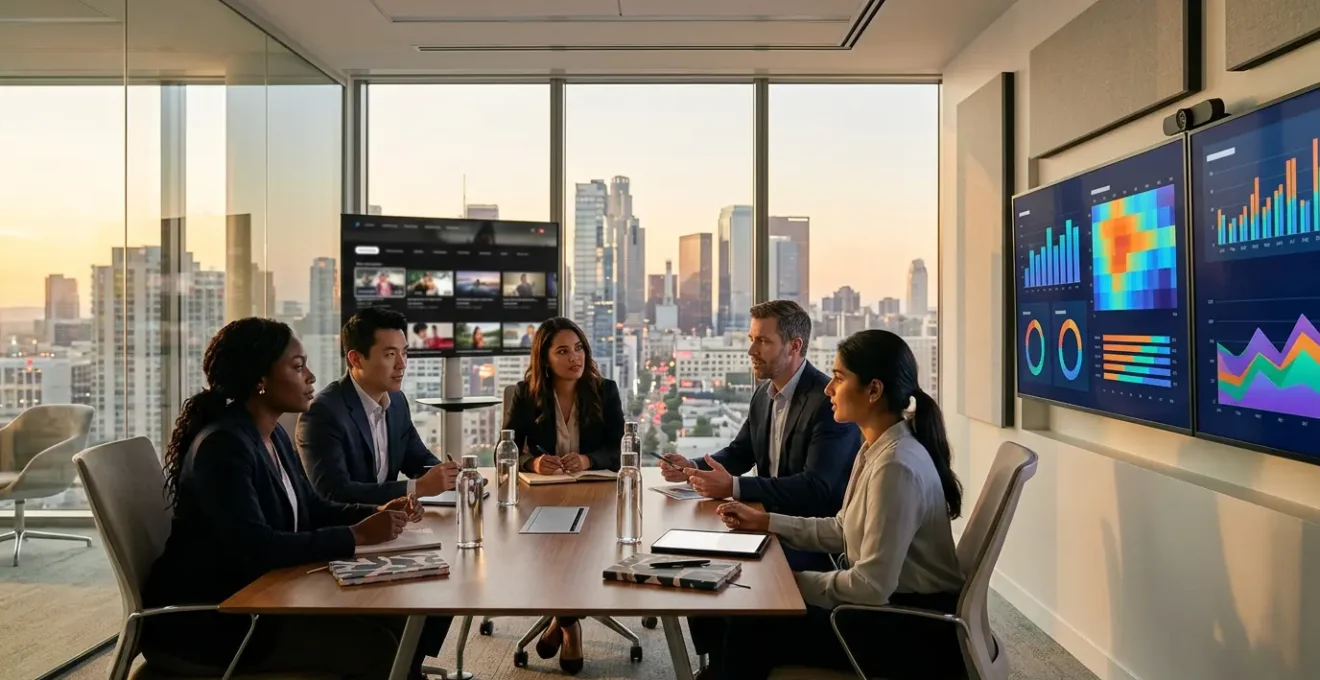 Ejecutivos analizando métricas de publicidad CTV en sala de reuniones moderna con pantallas de televisión conectada