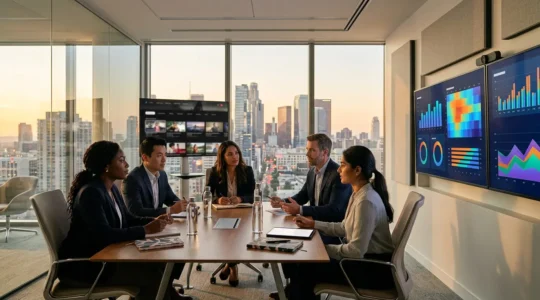 Ejecutivos analizando métricas de publicidad CTV en sala de reuniones moderna con pantallas de televisión conectada