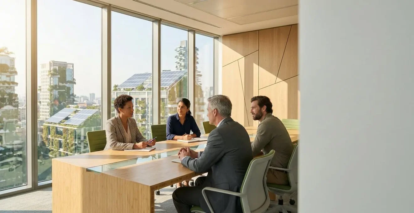 Ejecutivos diversos analizando métricas de impacto sostenible en una sala de reuniones moderna