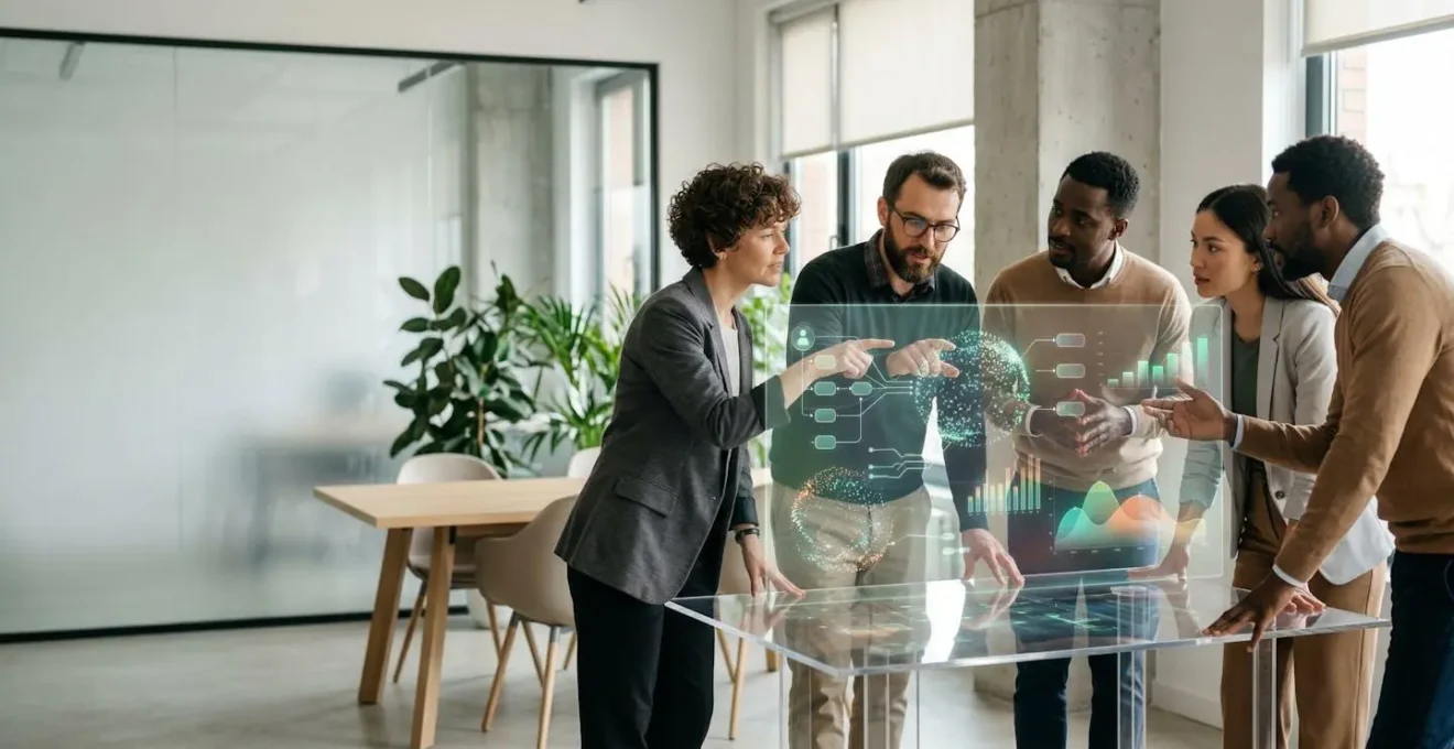 Equipo colaborativo analizando métricas de retención de usuarios en pantalla holográfica interactiva