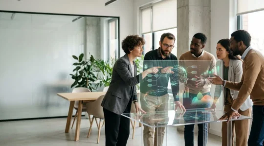 Equipo colaborativo analizando métricas de retención de usuarios en pantalla holográfica interactiva