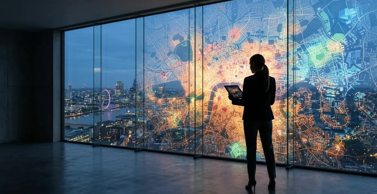 Profesional analizando mapas demográficos digitales en una oficina moderna con vista panorámica de la ciudad