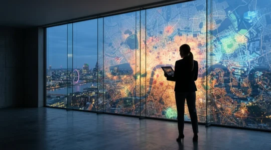 Profesional analizando mapas demográficos digitales en una oficina moderna con vista panorámica de la ciudad