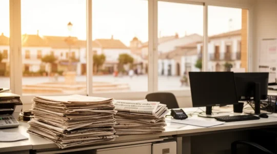 Redacción de periódico local con periodistas trabajando en escritorios con periódicos y ordenadores en ciudad pequeña