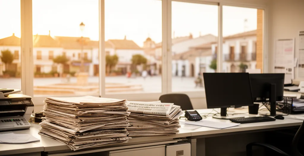Redacción de periódico local con periodistas trabajando en escritorios con periódicos y ordenadores en ciudad pequeña