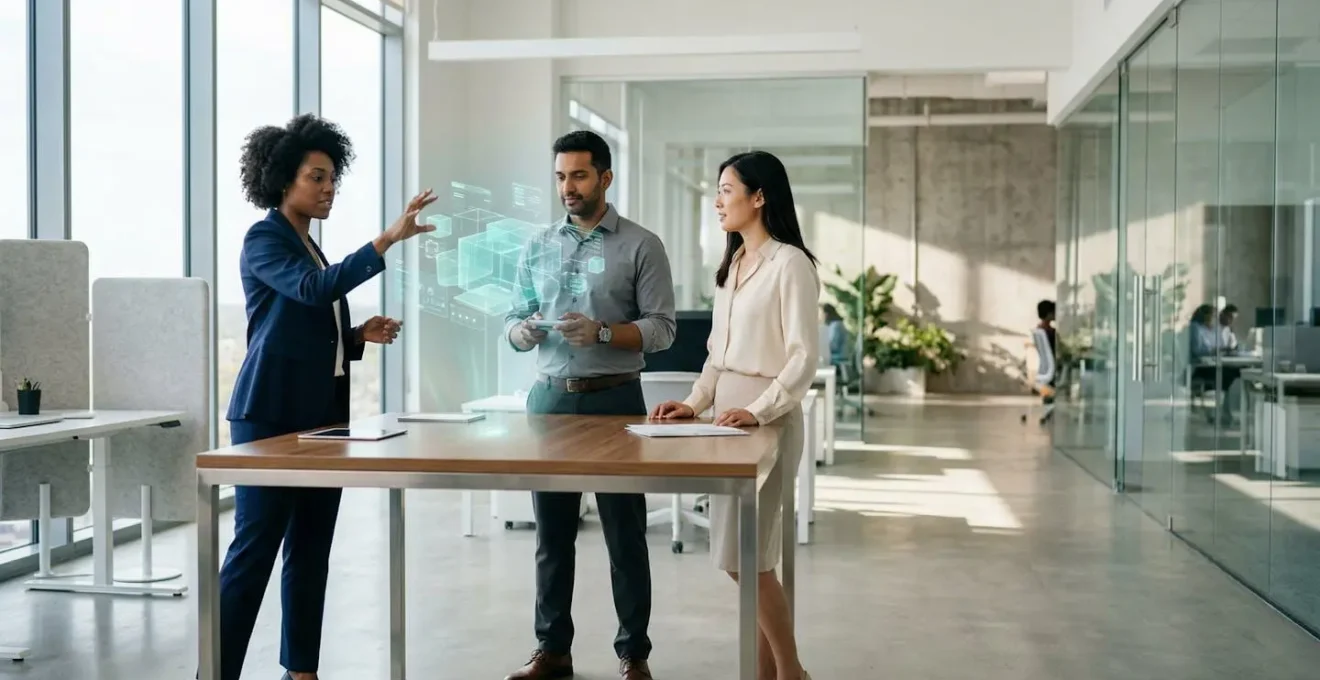 Vista ejecutiva de equipo colaborando con gafas de realidad mixta en oficina moderna minimalista