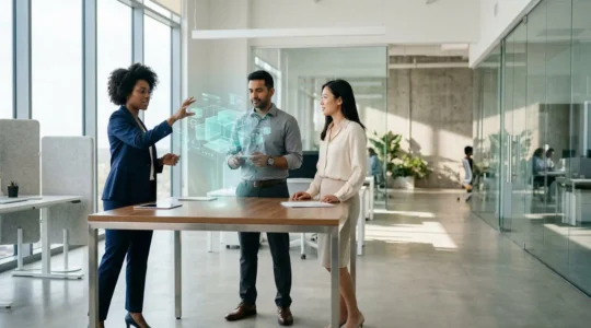 Vista ejecutiva de equipo colaborando con gafas de realidad mixta en oficina moderna minimalista