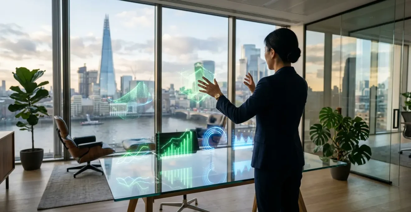 Dashboard ejecutivo de marketing mostrando métricas financieras y gráficos de tendencias en pantalla interactiva