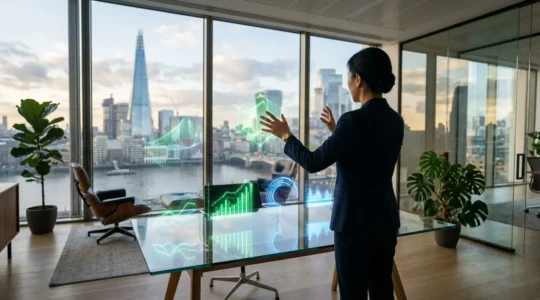 Dashboard ejecutivo de marketing mostrando métricas financieras y gráficos de tendencias en pantalla interactiva