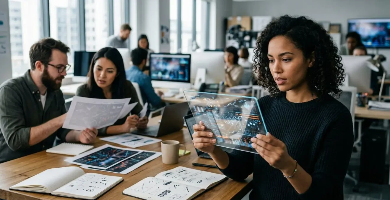 Redacción de medio independiente con periodistas trabajando en verificación de datos y pantallas mostrando análisis