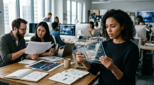 Redacción de medio independiente con periodistas trabajando en verificación de datos y pantallas mostrando análisis