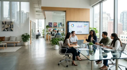 Profesionales de medios digitales trabajando en estrategias de monetización en una redacción moderna con múltiples pantallas