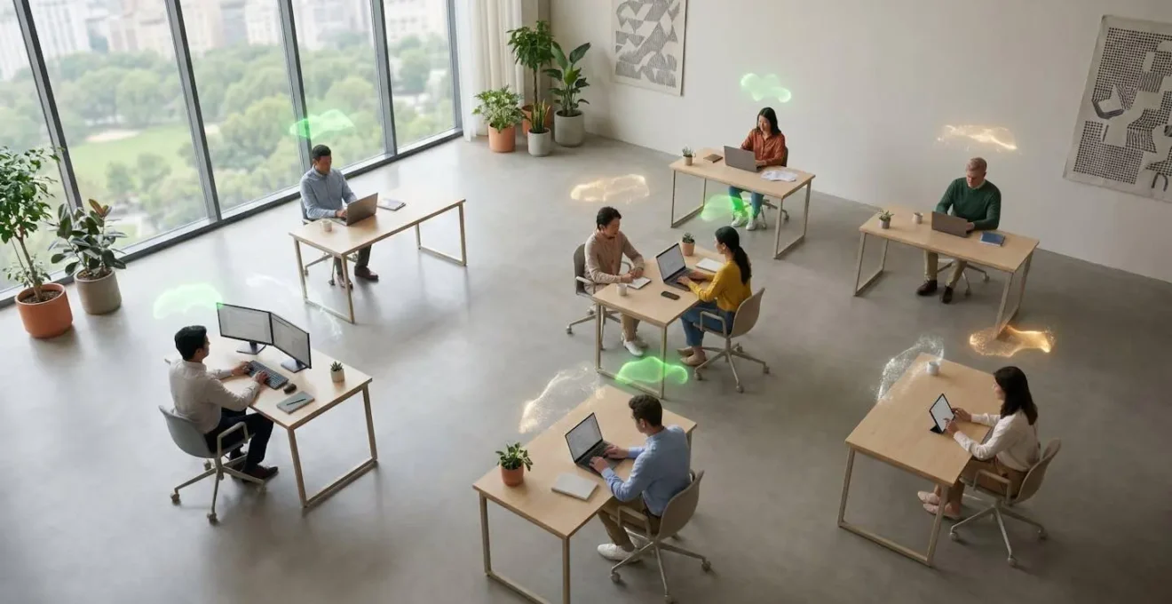 Vista aérea de un espacio de trabajo moderno con profesionales moderando contenido y pantallas mostrando análisis de sentimientos