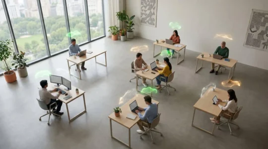 Vista aérea de un espacio de trabajo moderno con profesionales moderando contenido y pantallas mostrando análisis de sentimientos