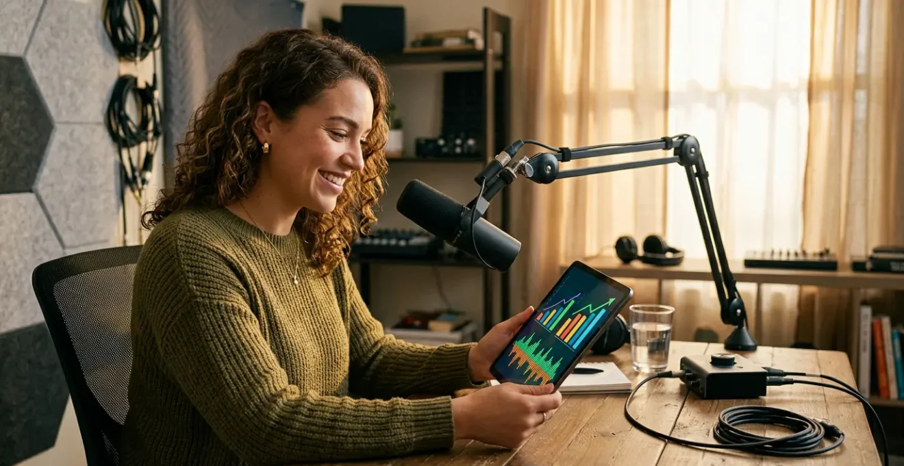 Creador de podcast profesional en estudio casero con equipo accesible analizando métricas de monetización