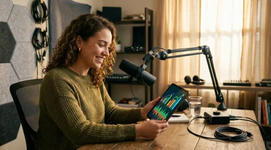 Creador de podcast profesional en estudio casero con equipo accesible analizando métricas de monetización