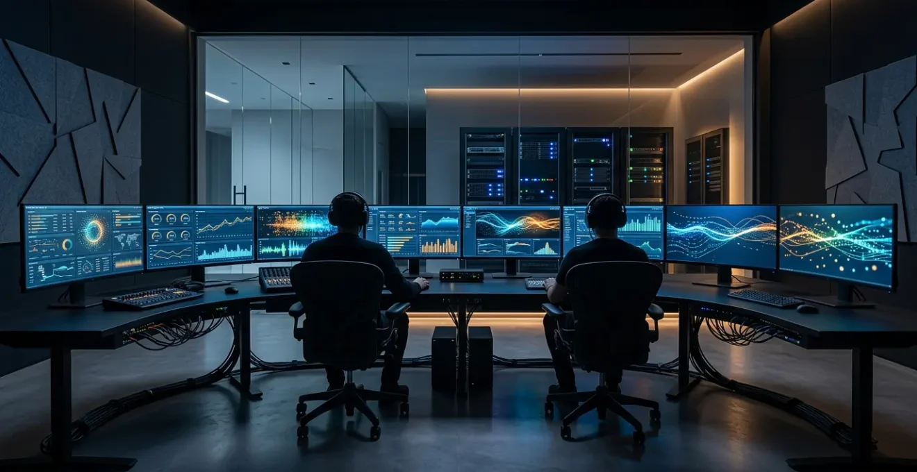 Centro de control de streaming profesional con múltiples monitores mostrando métricas de latencia y calidad de transmisión en tiempo real