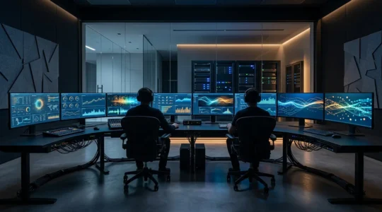 Centro de control de streaming profesional con múltiples monitores mostrando métricas de latencia y calidad de transmisión en tiempo real