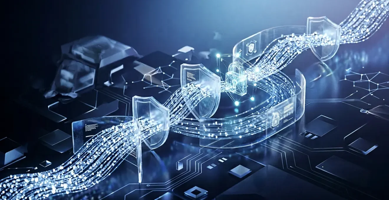 Interfaz digital transparente mostrando flujos de datos protegidos con elementos de seguridad y personalización equilibrada