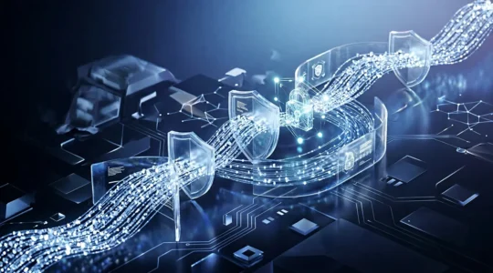 Interfaz digital transparente mostrando flujos de datos protegidos con elementos de seguridad y personalización equilibrada