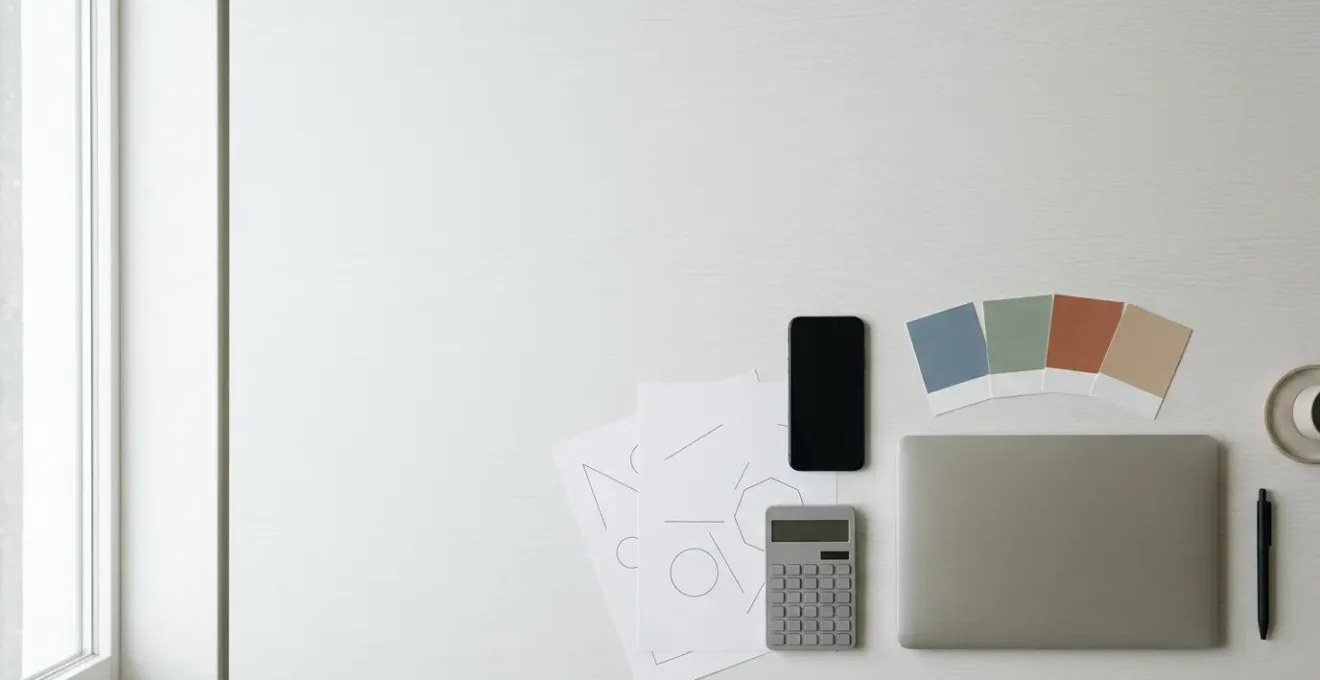 Vista aérea de una mesa de trabajo con documentos de estrategia de marketing, calculadora, gráficos y dispositivos digitales organizados de forma minimalista