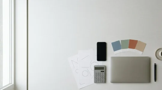 Vista aérea de una mesa de trabajo con documentos de estrategia de marketing, calculadora, gráficos y dispositivos digitales organizados de forma minimalista