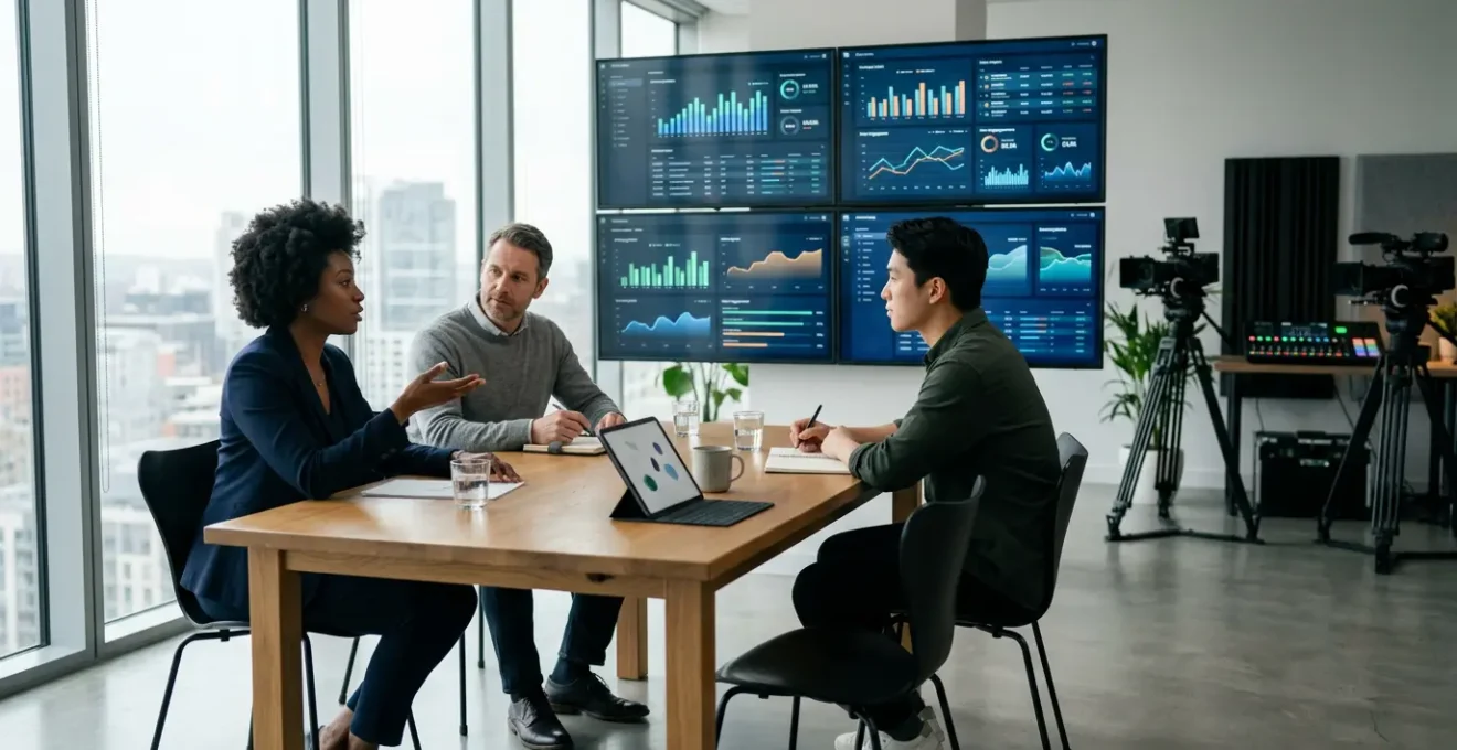 Profesionales analizando estrategias de streaming en una oficina moderna con múltiples pantallas mostrando dashboards y métricas