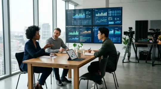 Profesionales analizando estrategias de streaming en una oficina moderna con múltiples pantallas mostrando dashboards y métricas