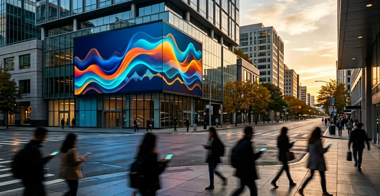Pantalla digital DOOH en centro urbano mostrando métricas y datos de análisis en tiempo real
